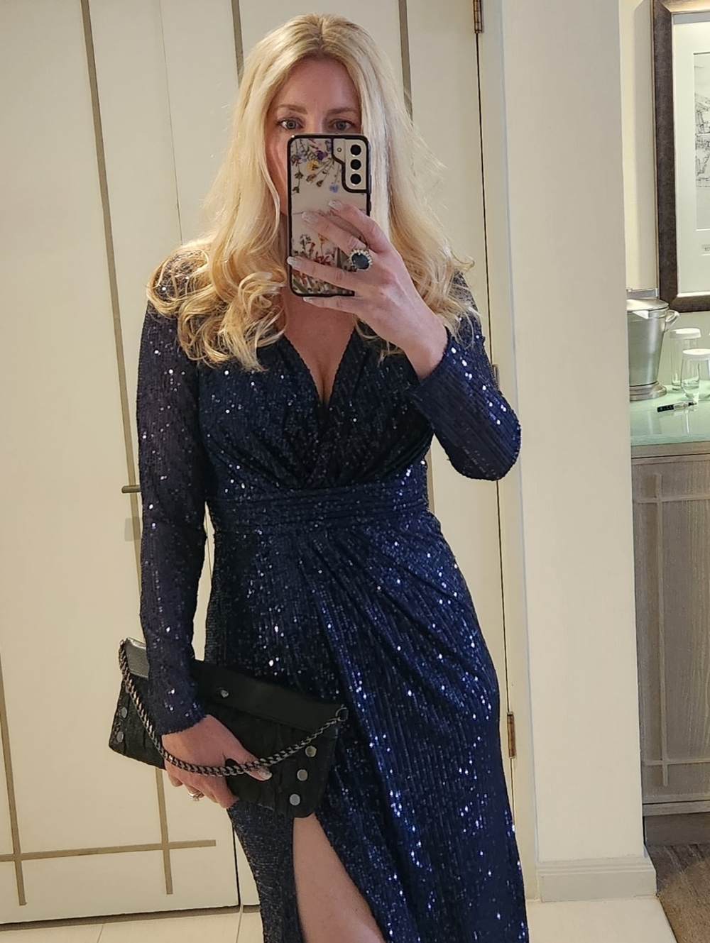 IEENA FOR MAC DUGGAL 26555 Long Sleeve Sequined Midi Dress Midnight 6
